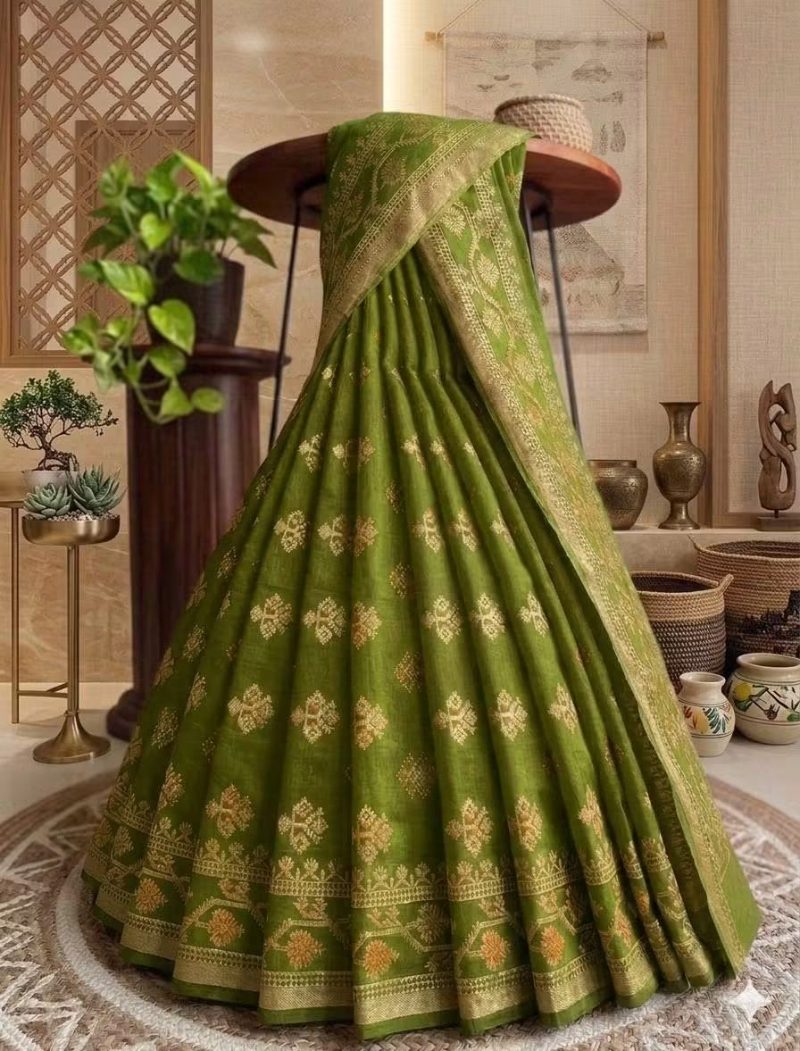 Tangail Soft Cotton Saree - Olive Green Zari Work