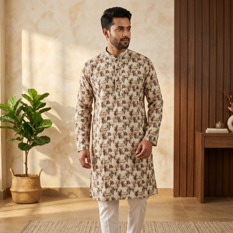 Printed Cotton Panjabi - Beige Brown