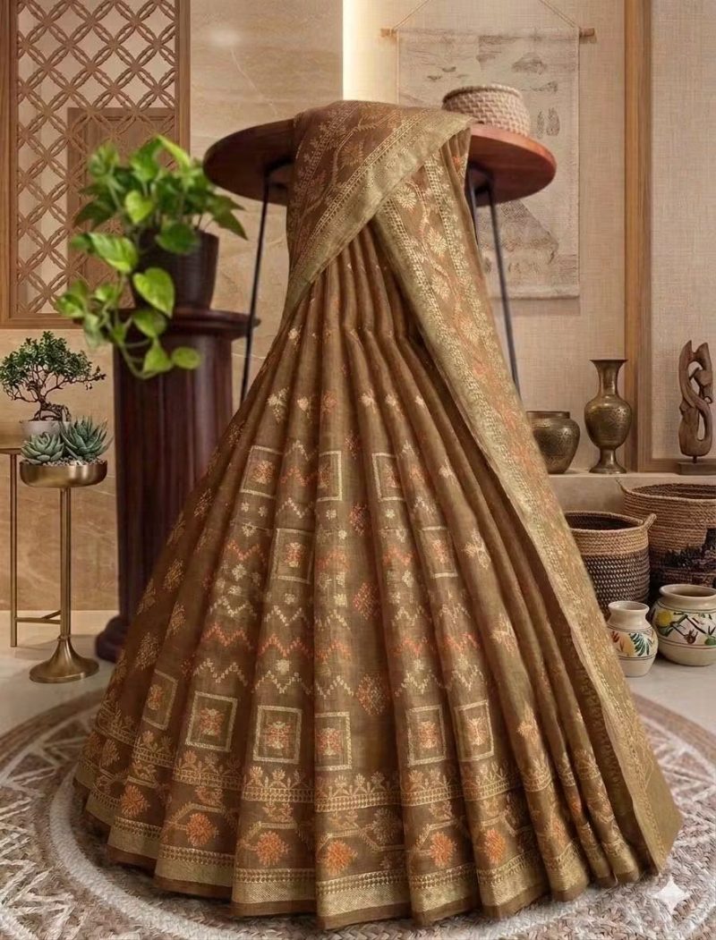 Tangail Soft Cotton Saree - Golden Brown Zari Work