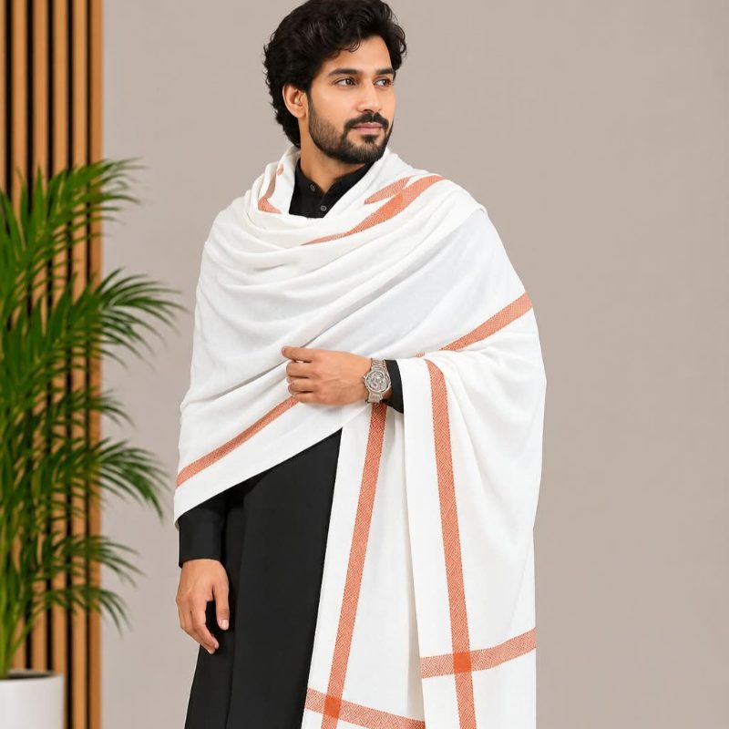 Men's Woolen Shawl - White Orange Border